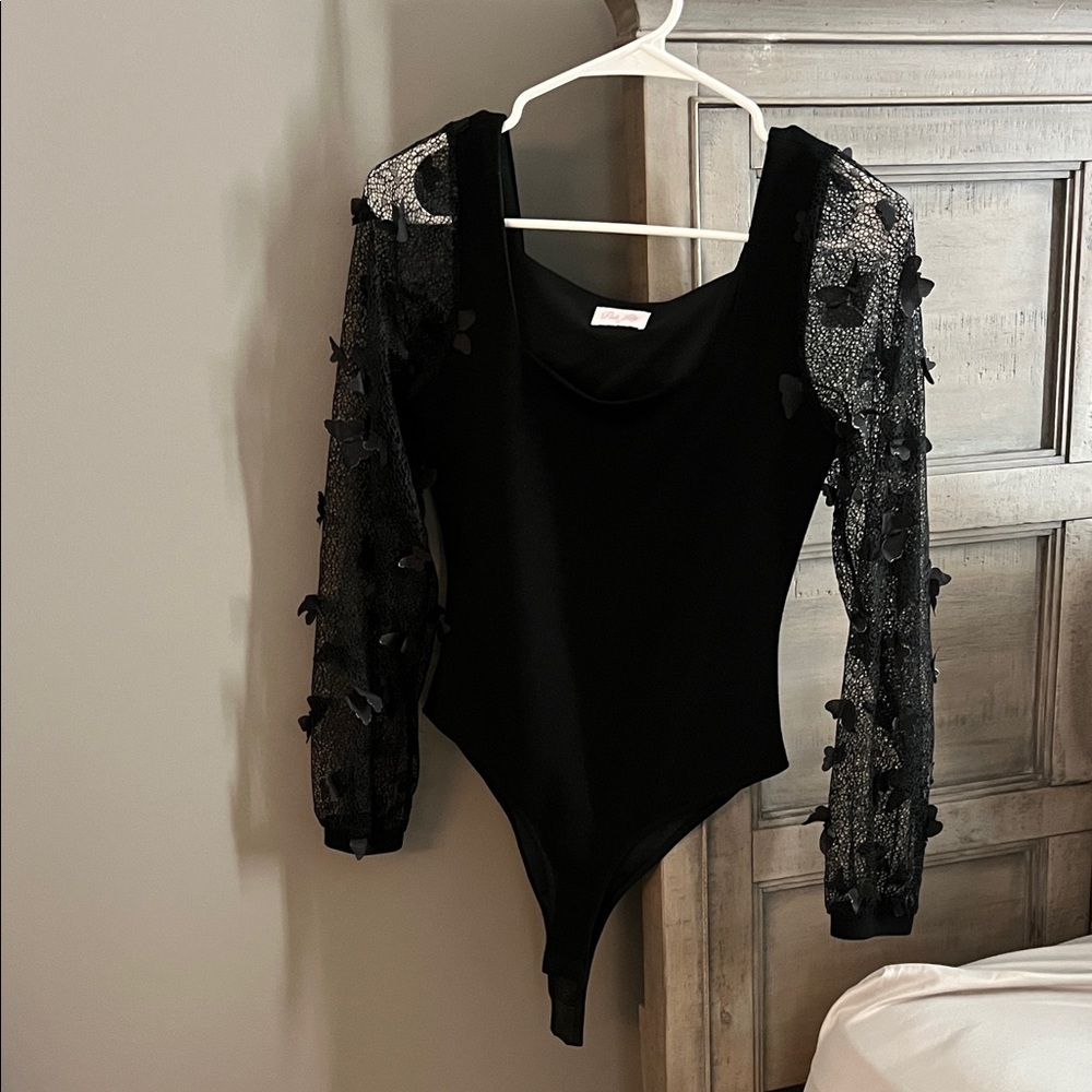 Pink Lily Black Sheer Sleeve Bodysuit